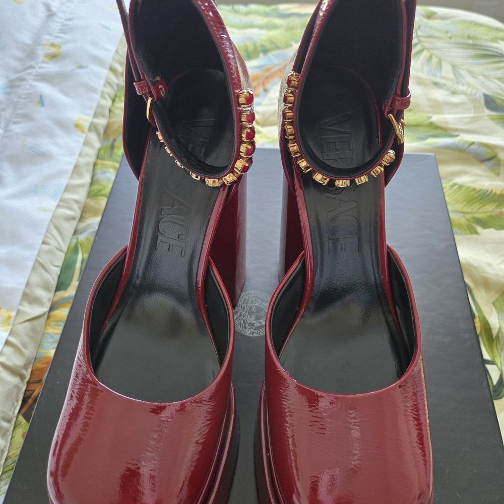 Versace Red Patent Leather Heels with Gold Accents